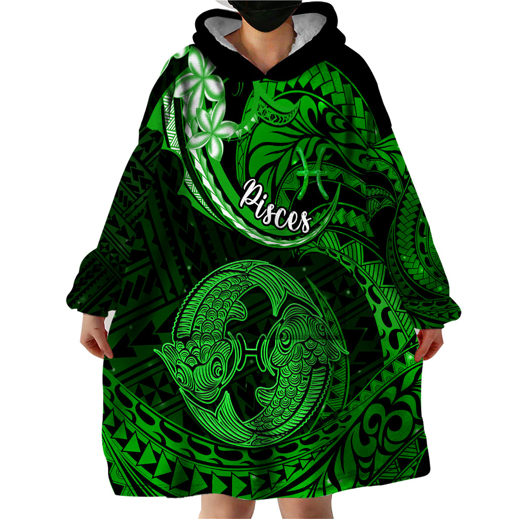Polynesian Pride Pisces Zodiac Wearable Blanket Hoodie Astrological Sign Tribal Plumeria Green Galaxy - Wonder Print Shop