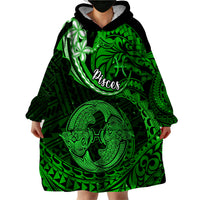 Polynesian Pride Pisces Zodiac Wearable Blanket Hoodie Astrological Sign Tribal Plumeria Green Galaxy - Wonder Print Shop