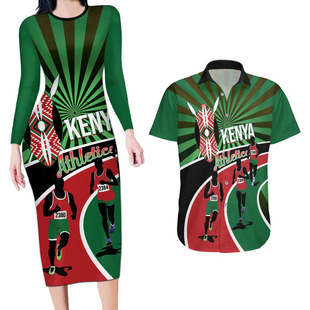 Athletics Kenya Couples Matching Long Sleeve Bodycon Dress and Hawaiian Shirt Maasai Shield Running Way - Wonder Print Shop