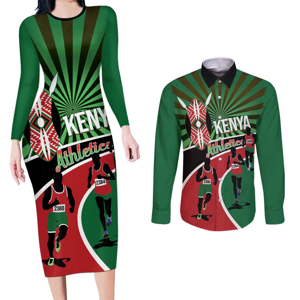 Athletics Kenya Couples Matching Long Sleeve Bodycon Dress and Long Sleeve Button Shirt Maasai Shield Running Way - Wonder Print Shop