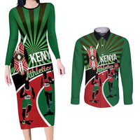 Athletics Kenya Couples Matching Long Sleeve Bodycon Dress and Long Sleeve Button Shirt Maasai Shield Running Way - Wonder Print Shop