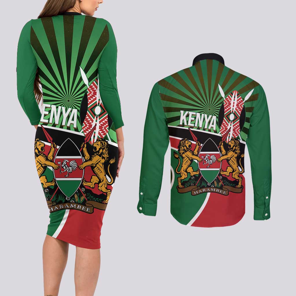 Athletics Kenya Couples Matching Long Sleeve Bodycon Dress and Long Sleeve Button Shirt Maasai Shield Running Way - Wonder Print Shop