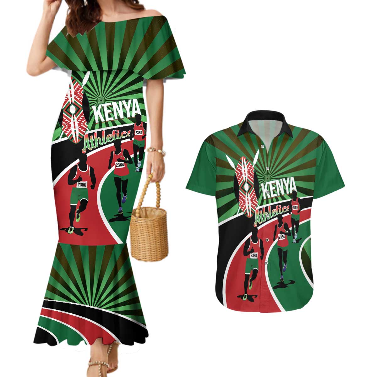 Athletics Kenya Couples Matching Mermaid Dress and Hawaiian Shirt Maasai Shield Running Way - Wonder Print Shop