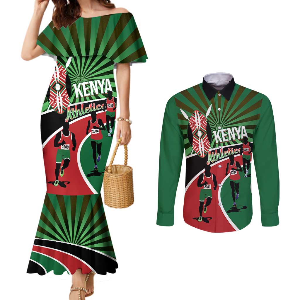 Athletics Kenya Couples Matching Mermaid Dress and Long Sleeve Button Shirt Maasai Shield Running Way - Wonder Print Shop