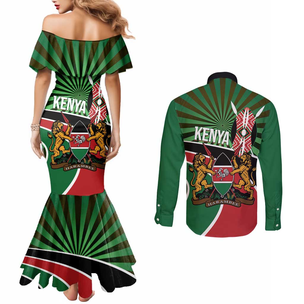 Athletics Kenya Couples Matching Mermaid Dress and Long Sleeve Button Shirt Maasai Shield Running Way - Wonder Print Shop