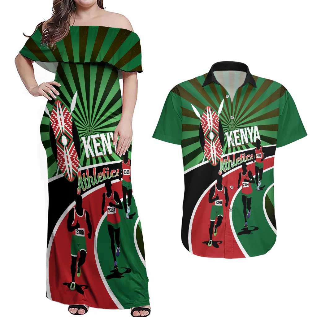 Athletics Kenya Couples Matching Off Shoulder Maxi Dress and Hawaiian Shirt Maasai Shield Running Way - Wonder Print Shop