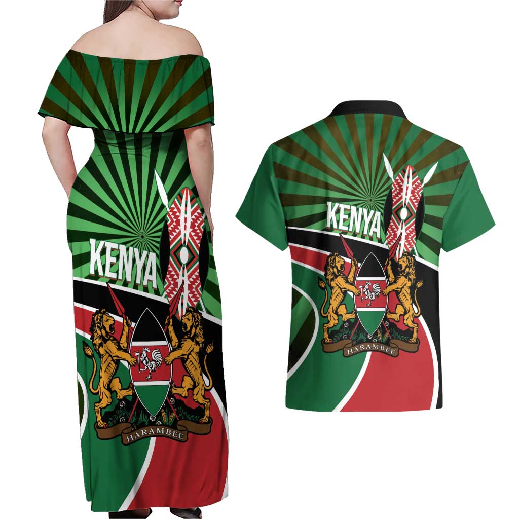 Athletics Kenya Couples Matching Off Shoulder Maxi Dress and Hawaiian Shirt Maasai Shield Running Way - Wonder Print Shop