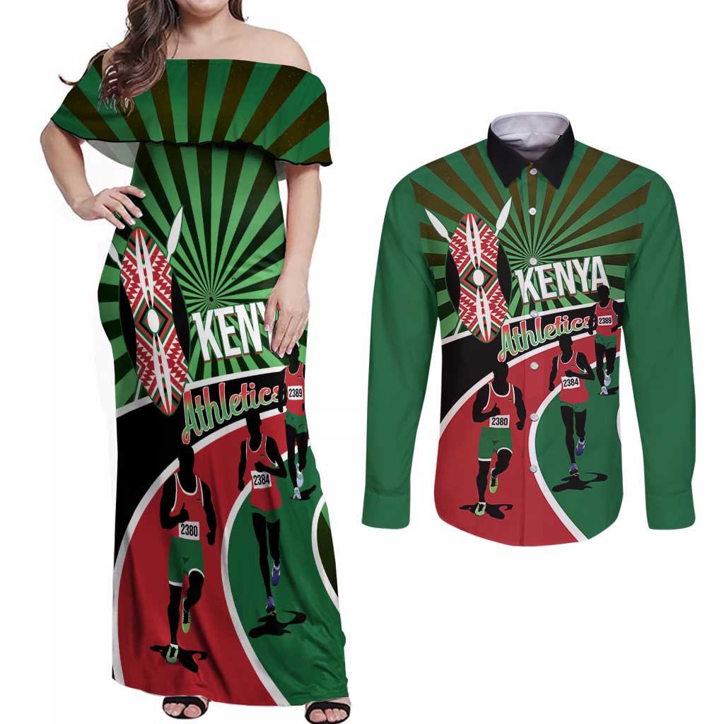 Athletics Kenya Couples Matching Off Shoulder Maxi Dress and Long Sleeve Button Shirt Maasai Shield Running Way - Wonder Print Shop