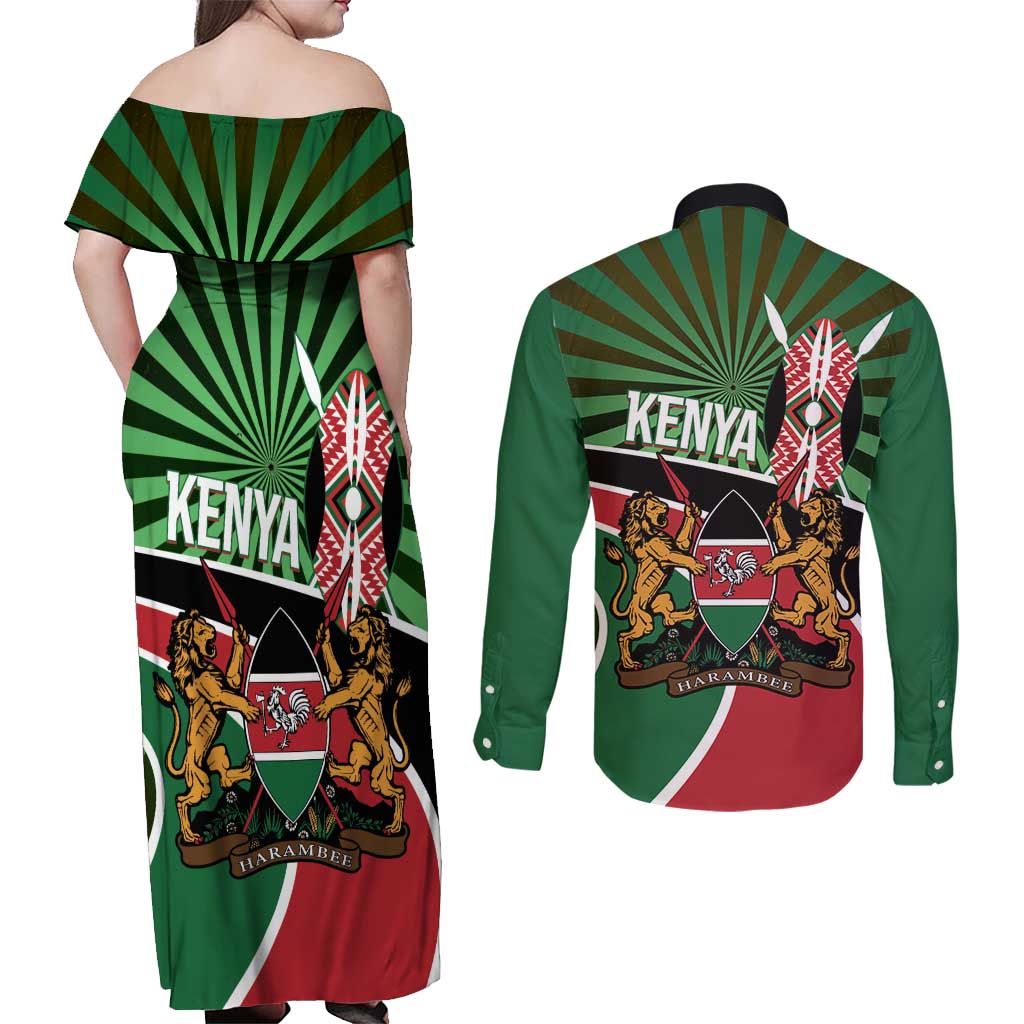 Athletics Kenya Couples Matching Off Shoulder Maxi Dress and Long Sleeve Button Shirt Maasai Shield Running Way - Wonder Print Shop