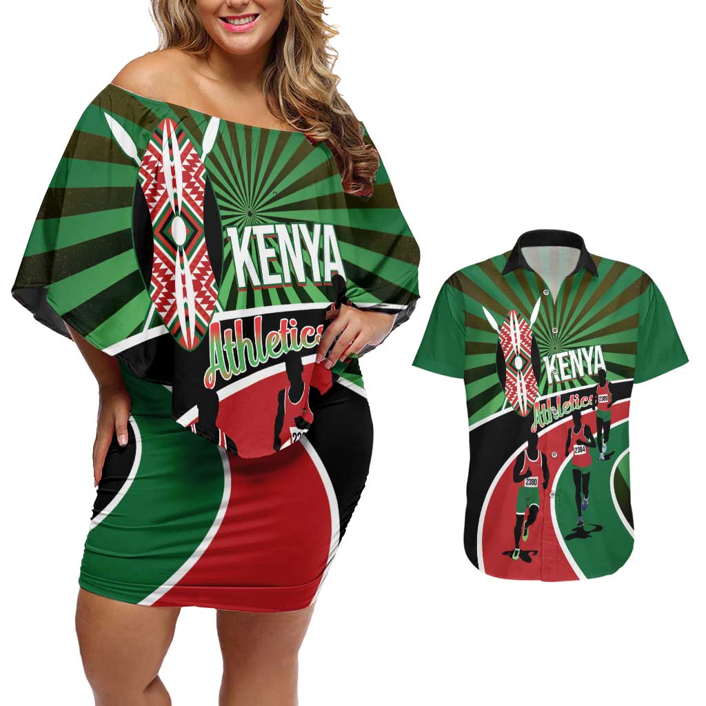 Athletics Kenya Couples Matching Off Shoulder Short Dress and Hawaiian Shirt Maasai Shield Running Way - Wonder Print Shop
