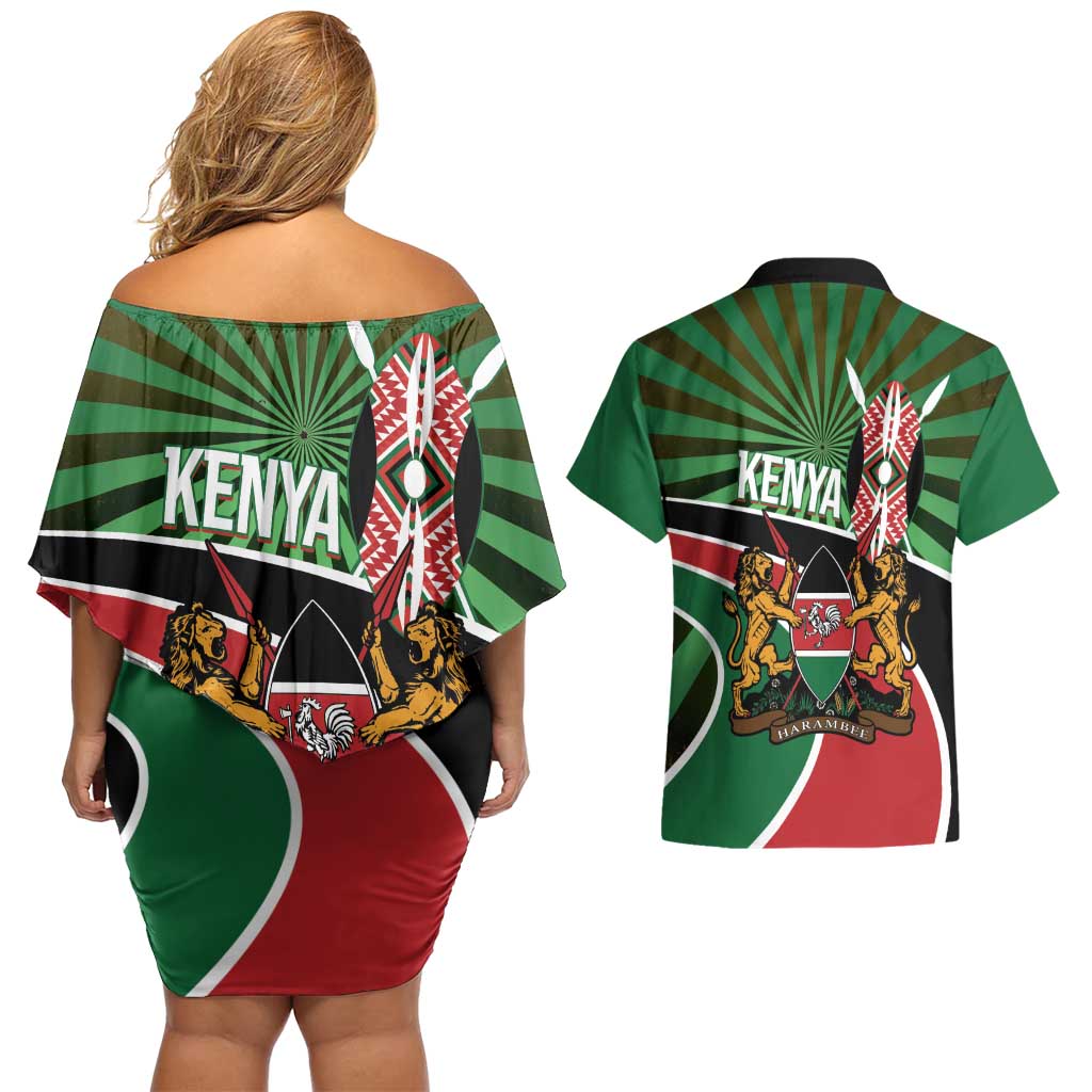 Athletics Kenya Couples Matching Off Shoulder Short Dress and Hawaiian Shirt Maasai Shield Running Way - Wonder Print Shop