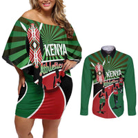 Athletics Kenya Couples Matching Off Shoulder Short Dress and Long Sleeve Button Shirt Maasai Shield Running Way - Wonder Print Shop