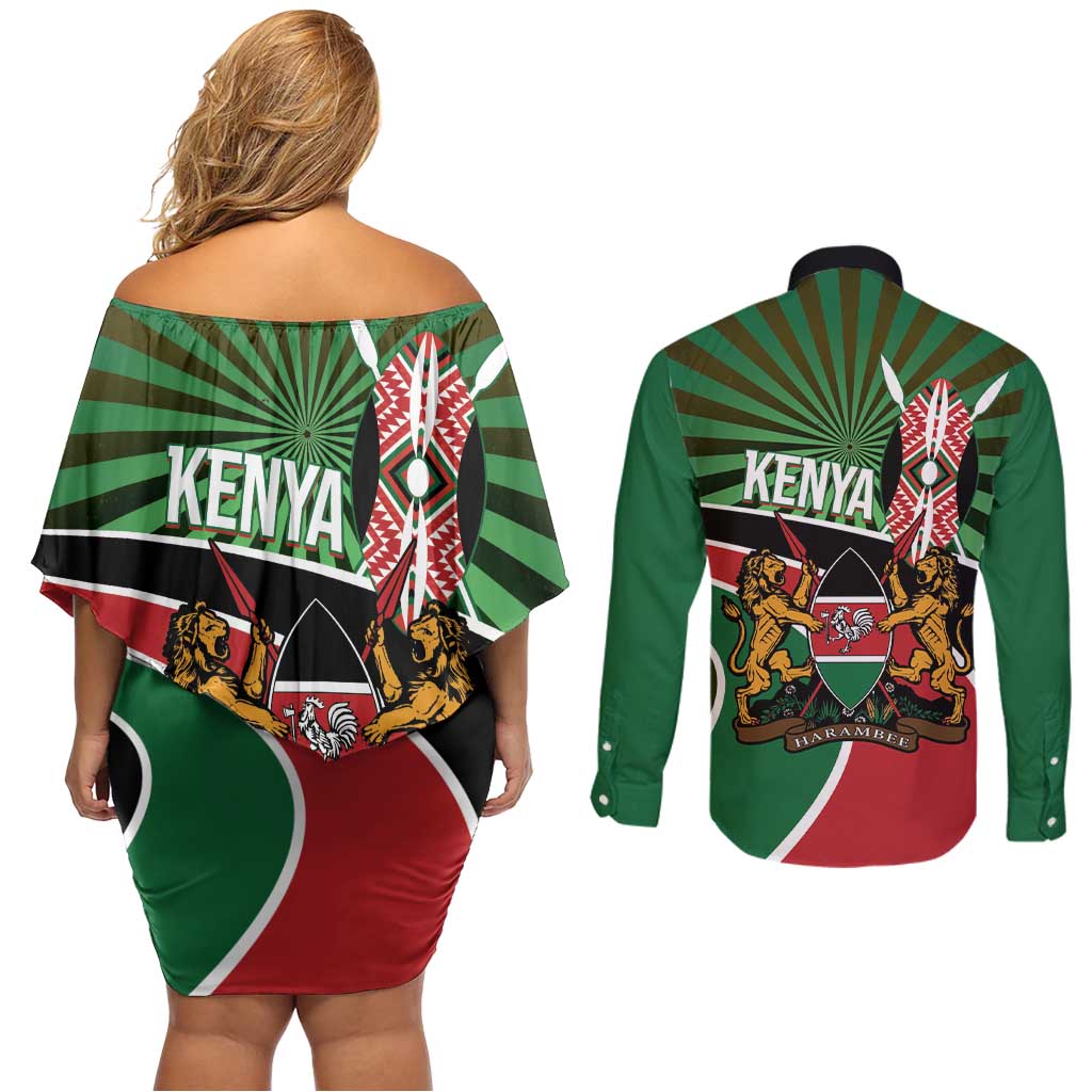 Athletics Kenya Couples Matching Off Shoulder Short Dress and Long Sleeve Button Shirt Maasai Shield Running Way - Wonder Print Shop