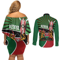 Athletics Kenya Couples Matching Off Shoulder Short Dress and Long Sleeve Button Shirt Maasai Shield Running Way - Wonder Print Shop