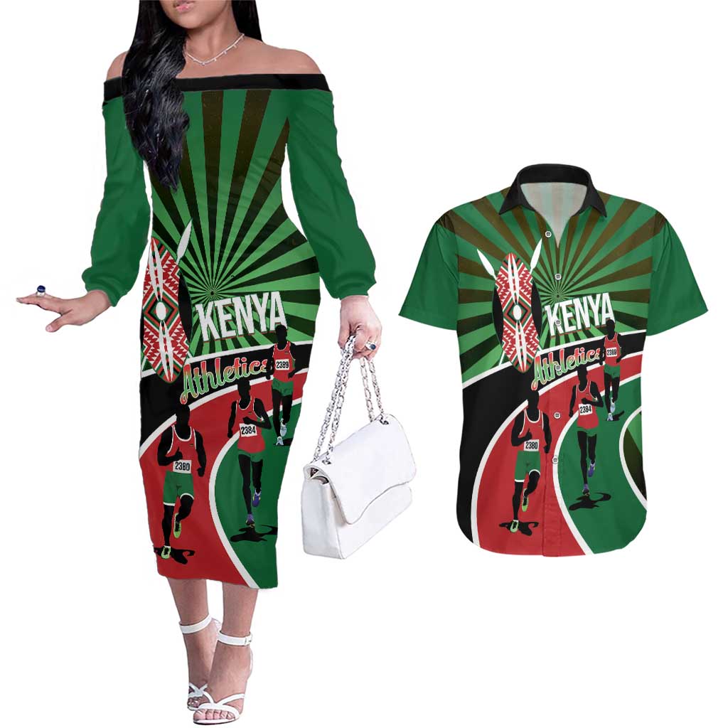 Athletics Kenya Couples Matching Off The Shoulder Long Sleeve Dress and Hawaiian Shirt Maasai Shield Running Way - Wonder Print Shop
