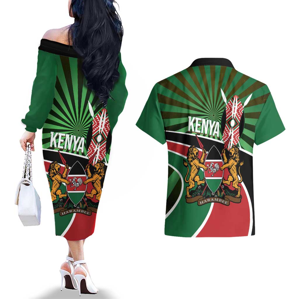 Athletics Kenya Couples Matching Off The Shoulder Long Sleeve Dress and Hawaiian Shirt Maasai Shield Running Way - Wonder Print Shop