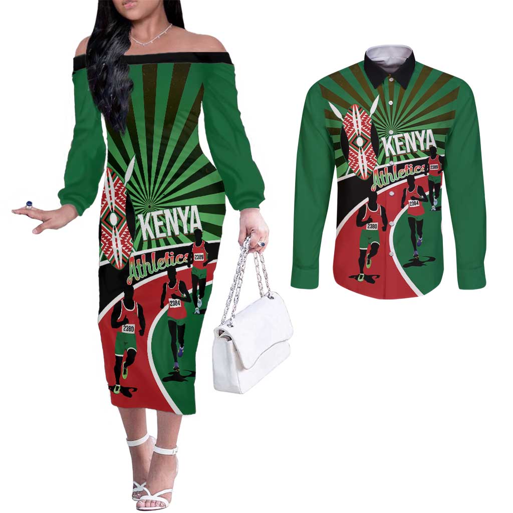 Athletics Kenya Couples Matching Off The Shoulder Long Sleeve Dress and Long Sleeve Button Shirt Maasai Shield Running Way - Wonder Print Shop