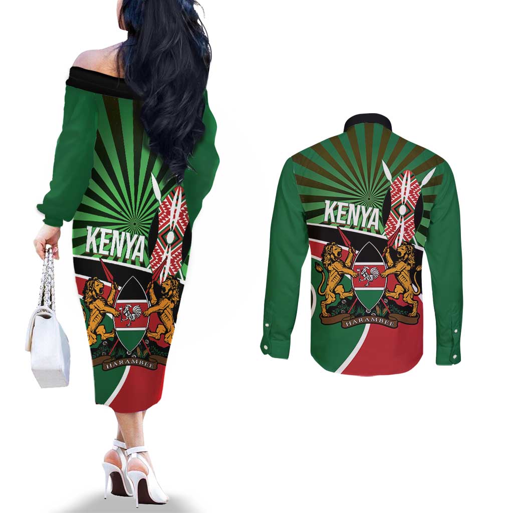 Athletics Kenya Couples Matching Off The Shoulder Long Sleeve Dress and Long Sleeve Button Shirt Maasai Shield Running Way - Wonder Print Shop