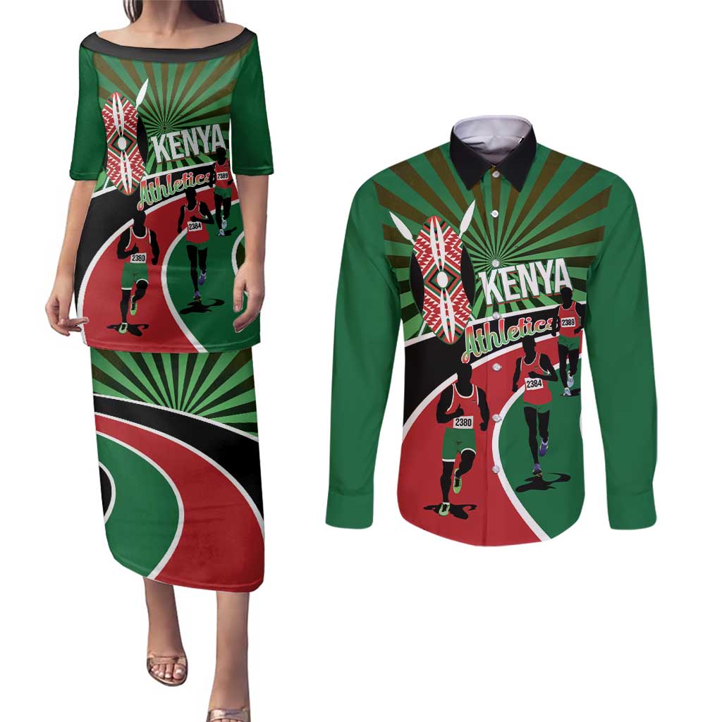 Athletics Kenya Couples Matching Puletasi and Long Sleeve Button Shirt Maasai Shield Running Way - Wonder Print Shop