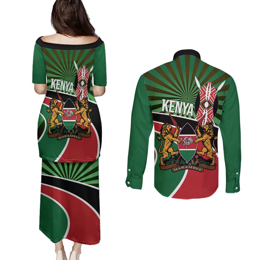 Athletics Kenya Couples Matching Puletasi and Long Sleeve Button Shirt Maasai Shield Running Way - Wonder Print Shop