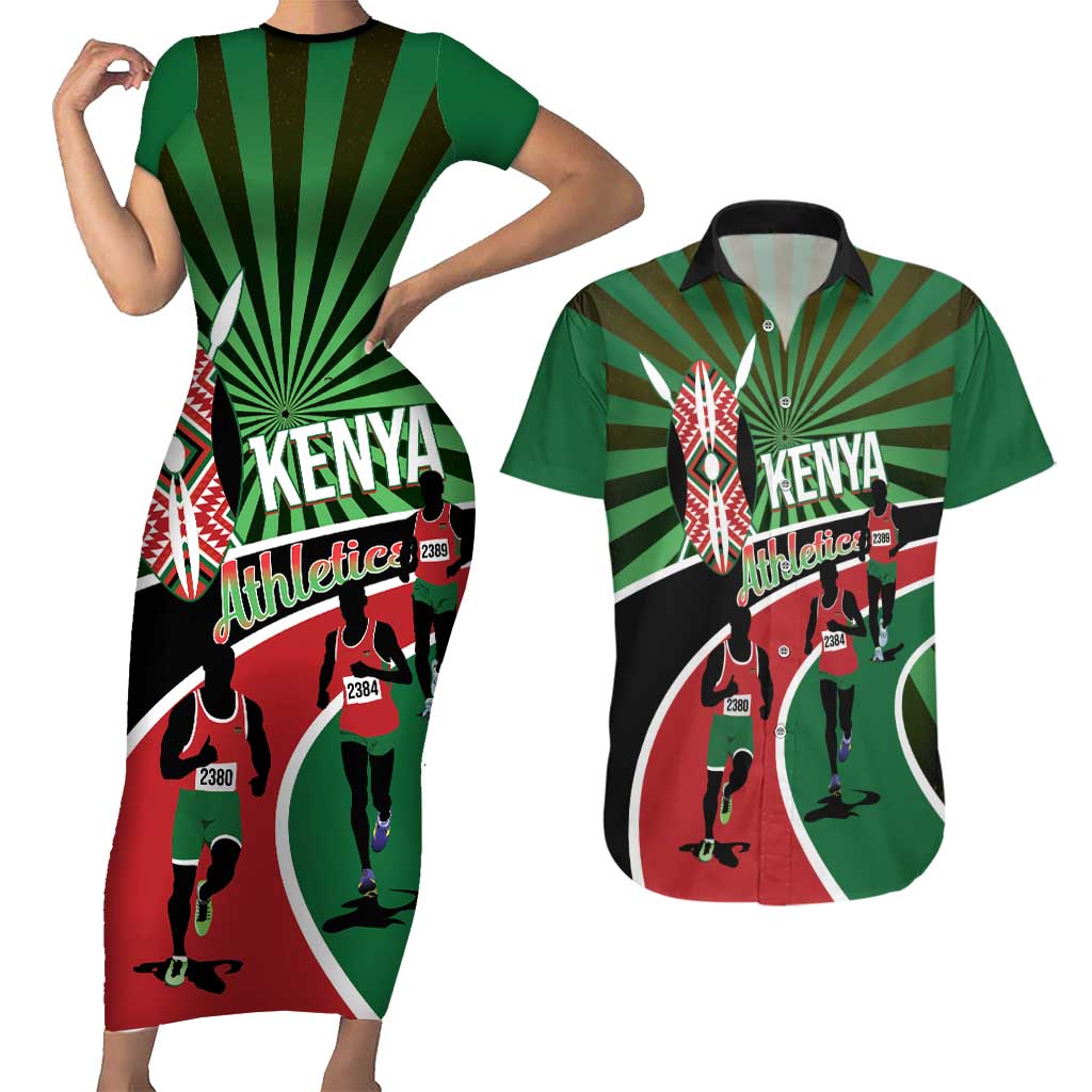 Athletics Kenya Couples Matching Short Sleeve Bodycon Dress and Hawaiian Shirt Maasai Shield Running Way - Wonder Print Shop