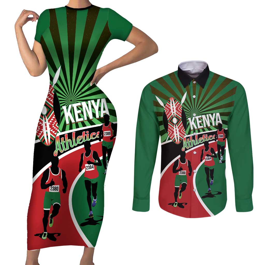 Athletics Kenya Couples Matching Short Sleeve Bodycon Dress and Long Sleeve Button Shirt Maasai Shield Running Way - Wonder Print Shop