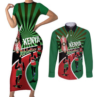 Athletics Kenya Couples Matching Short Sleeve Bodycon Dress and Long Sleeve Button Shirt Maasai Shield Running Way - Wonder Print Shop