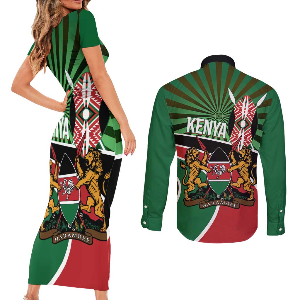 Athletics Kenya Couples Matching Short Sleeve Bodycon Dress and Long Sleeve Button Shirt Maasai Shield Running Way - Wonder Print Shop