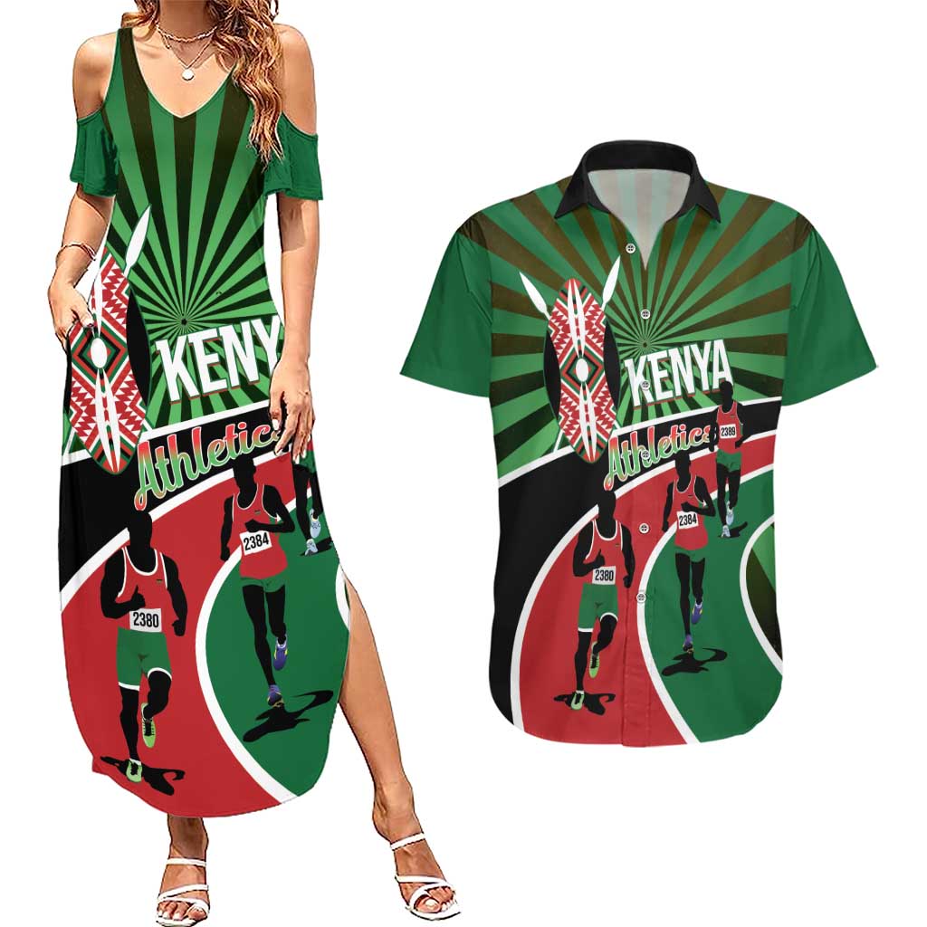 Athletics Kenya Couples Matching Summer Maxi Dress and Hawaiian Shirt Maasai Shield Running Way - Wonder Print Shop