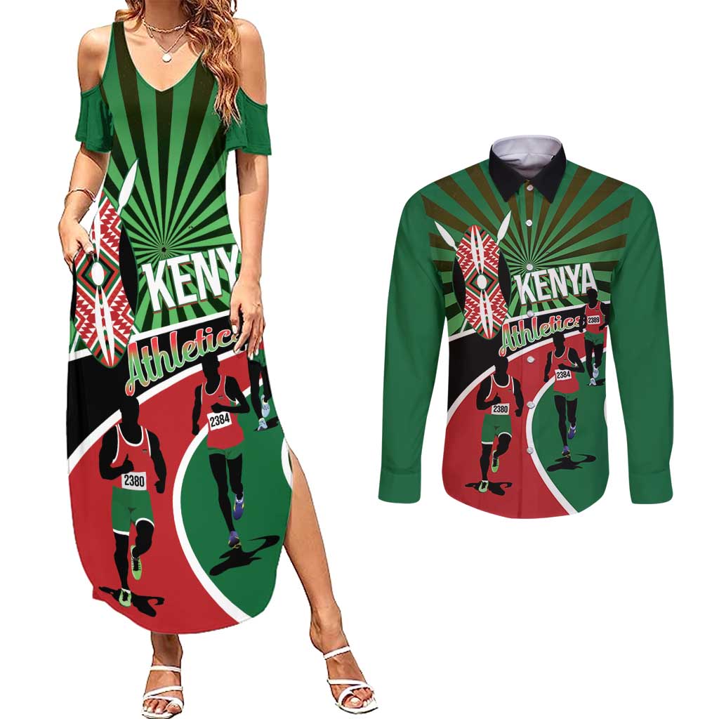 Athletics Kenya Couples Matching Summer Maxi Dress and Long Sleeve Button Shirt Maasai Shield Running Way - Wonder Print Shop
