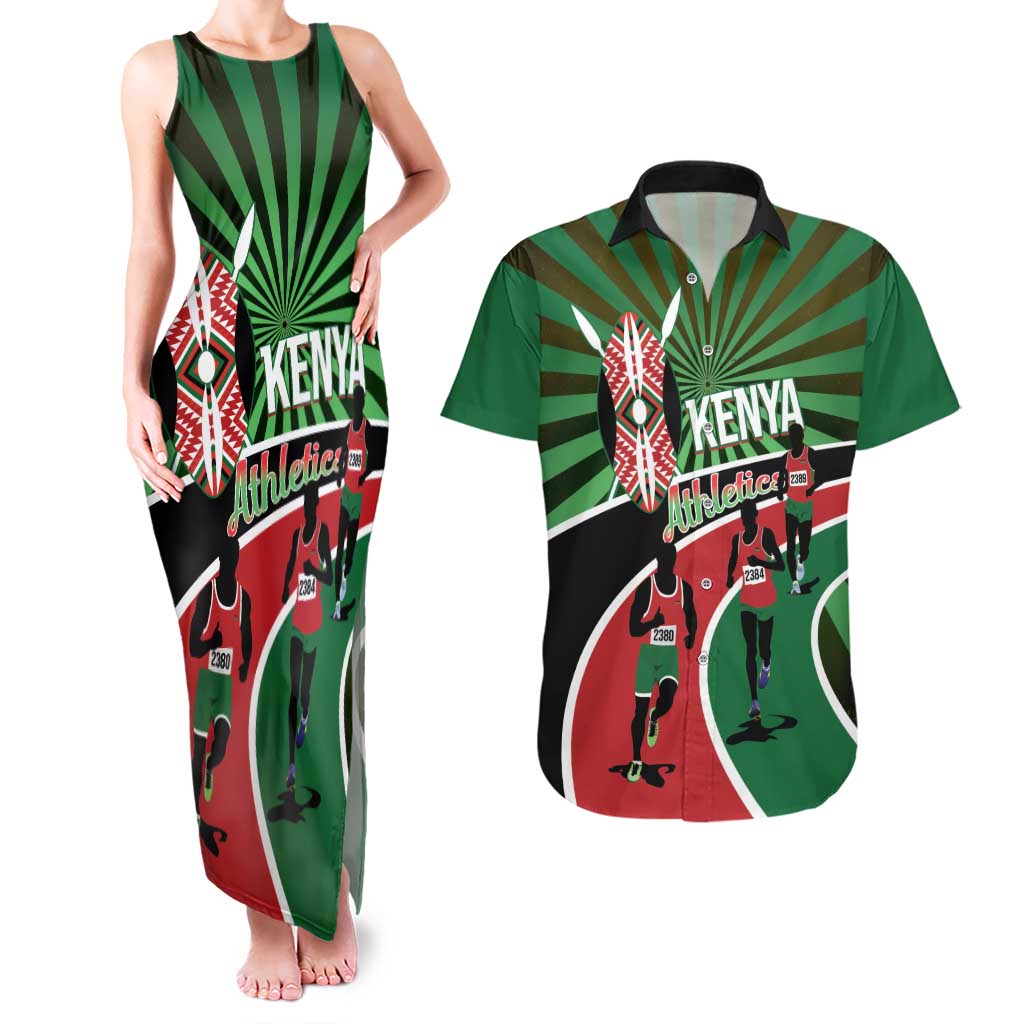 Athletics Kenya Couples Matching Tank Maxi Dress and Hawaiian Shirt Maasai Shield Running Way - Wonder Print Shop