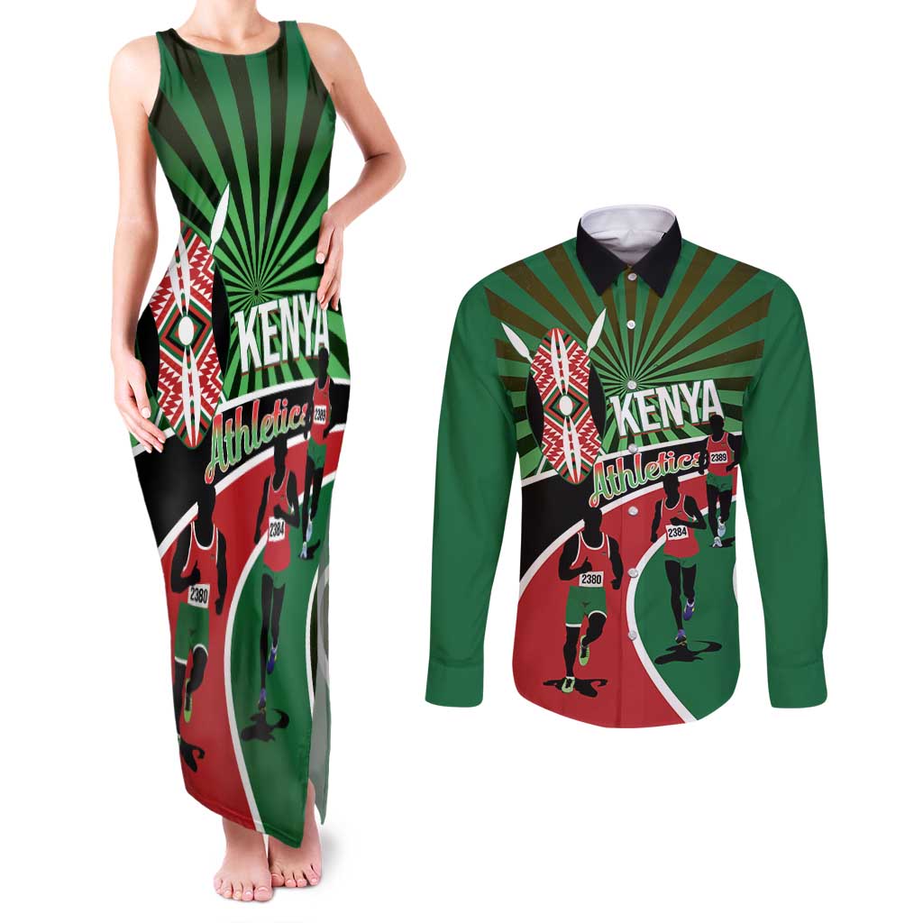 Athletics Kenya Couples Matching Tank Maxi Dress and Long Sleeve Button Shirt Maasai Shield Running Way - Wonder Print Shop