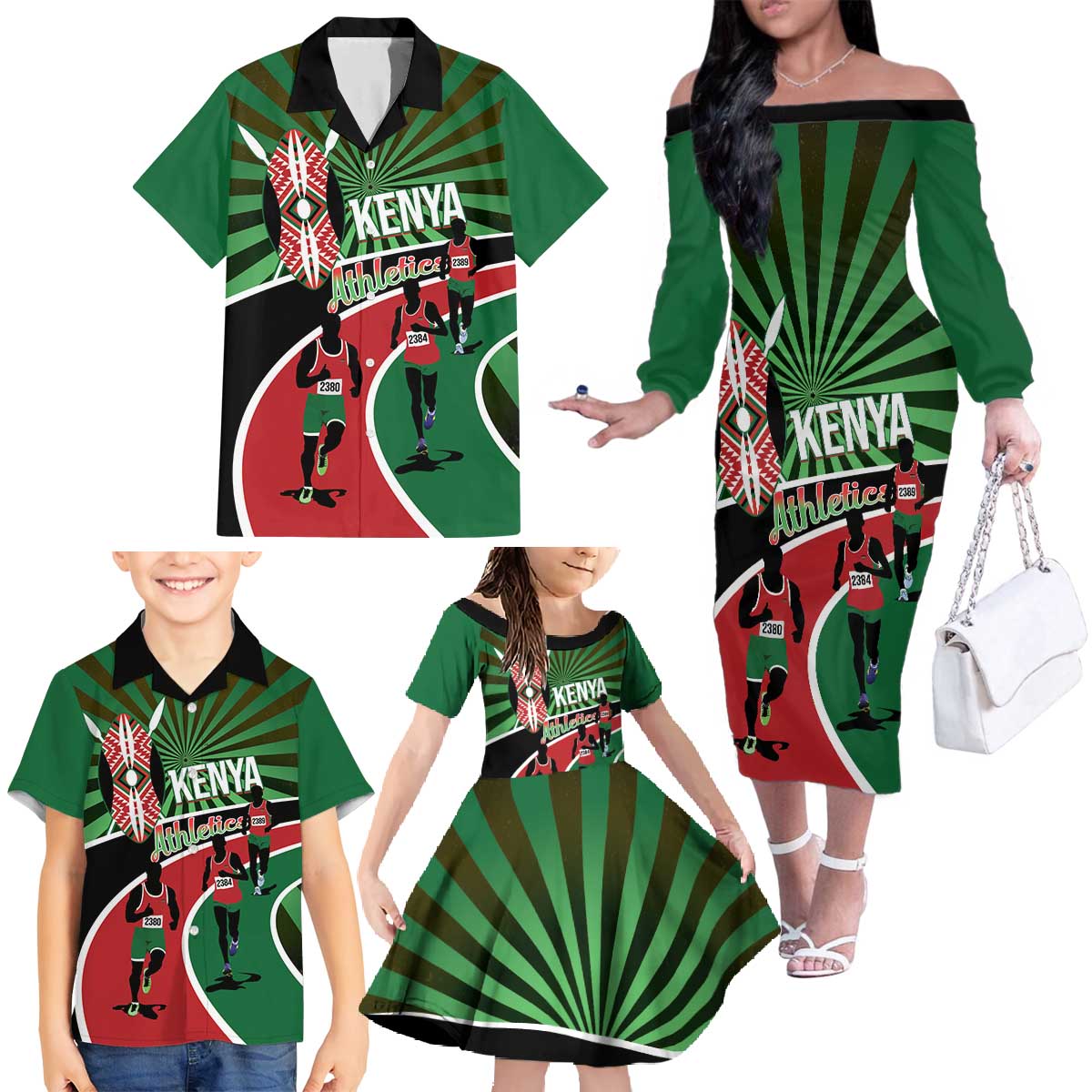 Athletics Kenya Family Matching Off The Shoulder Long Sleeve Dress and Hawaiian Shirt Maasai Shield Running Way - Wonder Print Shop