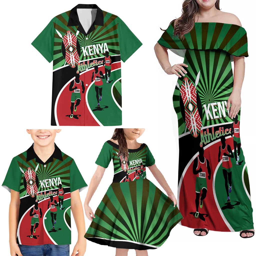 Athletics Kenya Family Matching Off Shoulder Maxi Dress and Hawaiian Shirt Maasai Shield Running Way - Wonder Print Shop