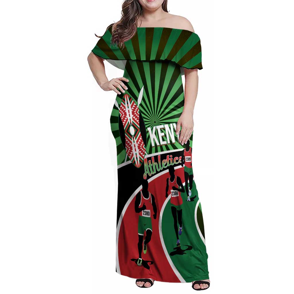 Athletics Kenya Family Matching Off Shoulder Maxi Dress and Hawaiian Shirt Maasai Shield Running Way - Wonder Print Shop