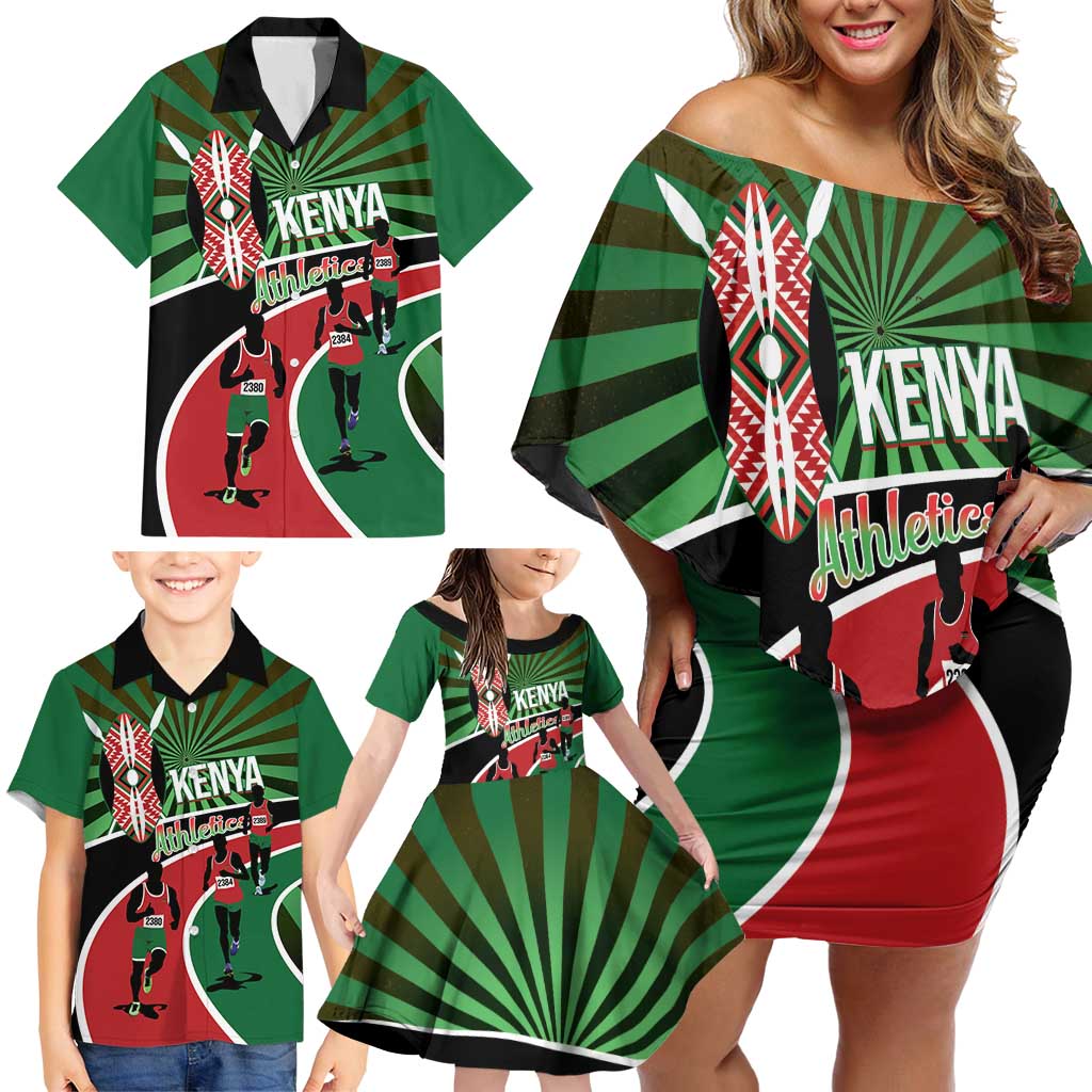 Athletics Kenya Family Matching Off Shoulder Short Dress and Hawaiian Shirt Maasai Shield Running Way - Wonder Print Shop