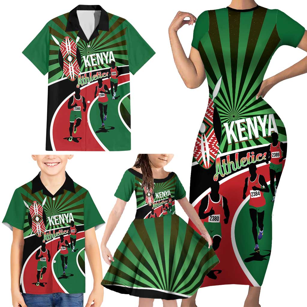 Athletics Kenya Family Matching Short Sleeve Bodycon Dress and Hawaiian Shirt Maasai Shield Running Way - Wonder Print Shop