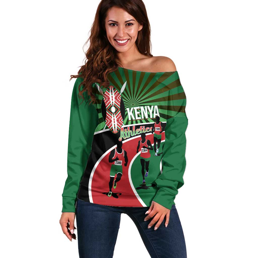 Athletics Kenya Off Shoulder Sweater Maasai Shield Running Way - Wonder Print Shop