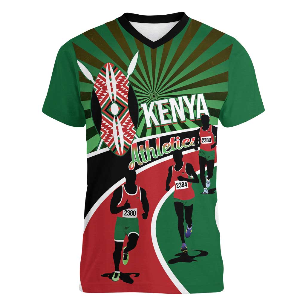 Athletics Kenya Women V-Neck T-Shirt Maasai Shield Running Way - Wonder Print Shop