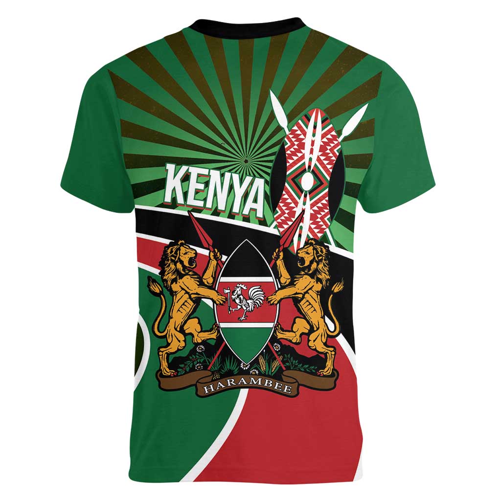 Athletics Kenya Women V-Neck T-Shirt Maasai Shield Running Way - Wonder Print Shop