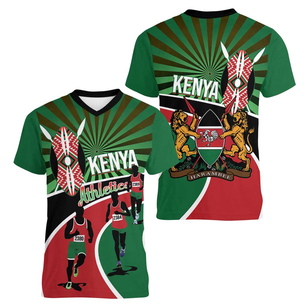 Athletics Kenya Women V-Neck T-Shirt Maasai Shield Running Way - Wonder Print Shop