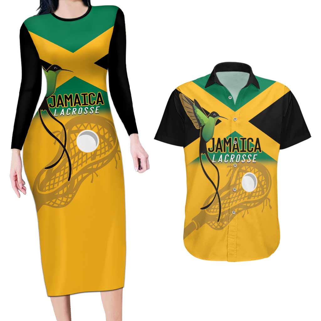 Custom Jamaica Lacrosse Couples Matching Long Sleeve Bodycon Dress and Hawaiian Shirt Streamertail Hummingbird With Flag - Wonder Print Shop