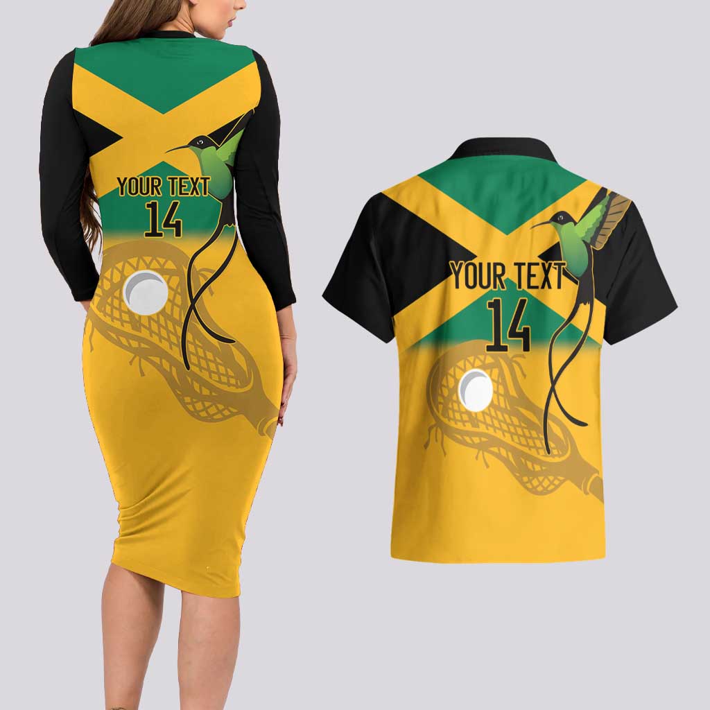 Custom Jamaica Lacrosse Couples Matching Long Sleeve Bodycon Dress and Hawaiian Shirt Streamertail Hummingbird With Flag - Wonder Print Shop