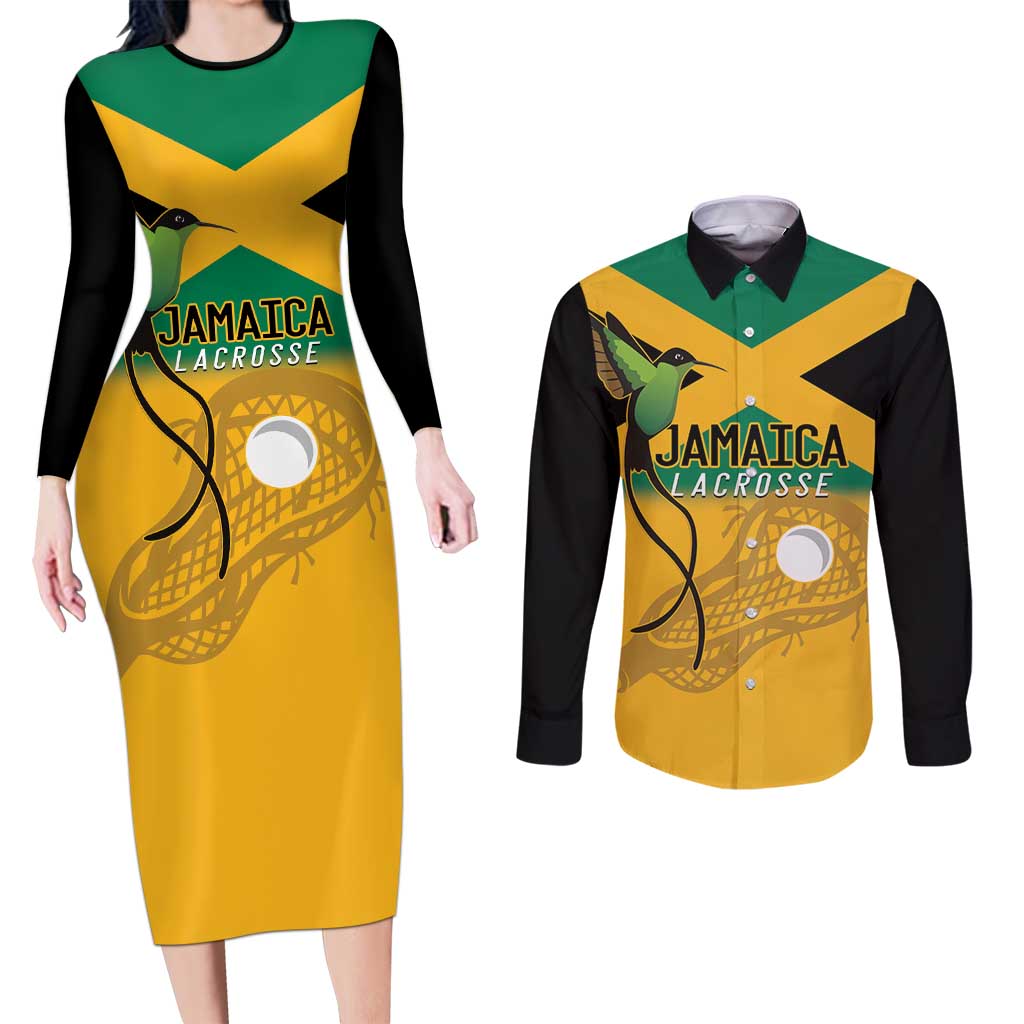 Custom Jamaica Lacrosse Couples Matching Long Sleeve Bodycon Dress and Long Sleeve Button Shirt Streamertail Hummingbird With Flag - Wonder Print Shop
