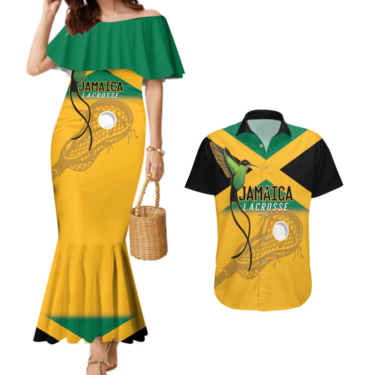 Custom Jamaica Lacrosse Couples Matching Mermaid Dress and Hawaiian Shirt Streamertail Hummingbird With Flag - Wonder Print Shop
