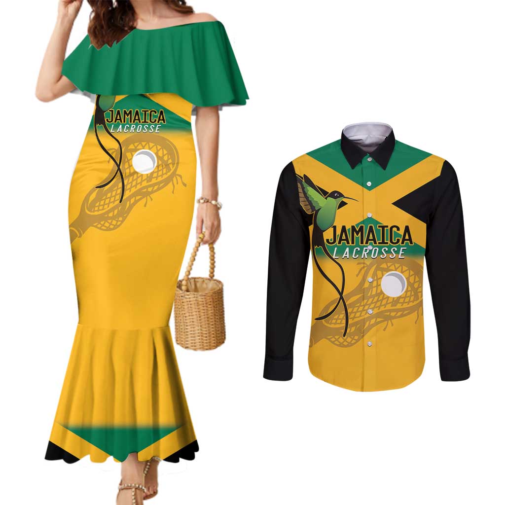 Custom Jamaica Lacrosse Couples Matching Mermaid Dress and Long Sleeve Button Shirt Streamertail Hummingbird With Flag - Wonder Print Shop