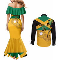 Custom Jamaica Lacrosse Couples Matching Mermaid Dress and Long Sleeve Button Shirt Streamertail Hummingbird With Flag - Wonder Print Shop