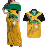 Custom Jamaica Lacrosse Couples Matching Off Shoulder Maxi Dress and Hawaiian Shirt Streamertail Hummingbird With Flag - Wonder Print Shop