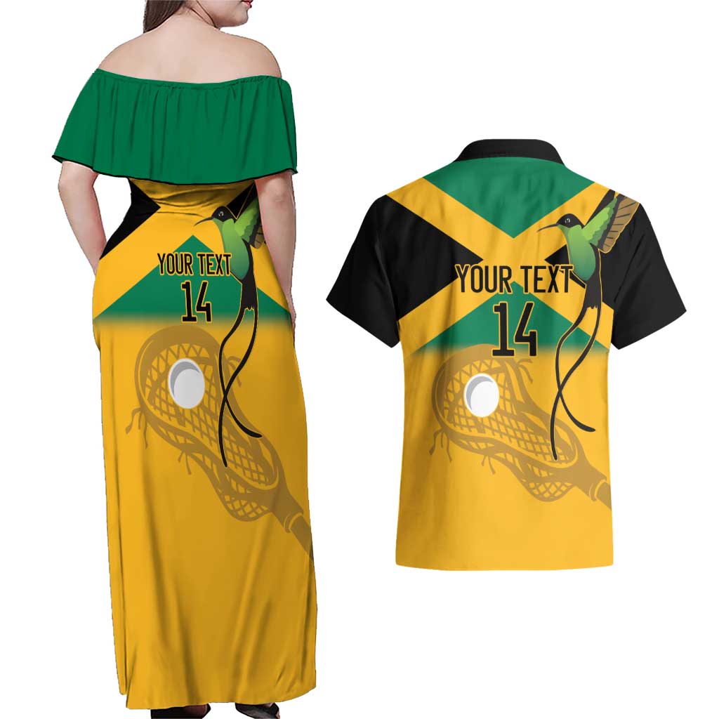 Custom Jamaica Lacrosse Couples Matching Off Shoulder Maxi Dress and Hawaiian Shirt Streamertail Hummingbird With Flag - Wonder Print Shop