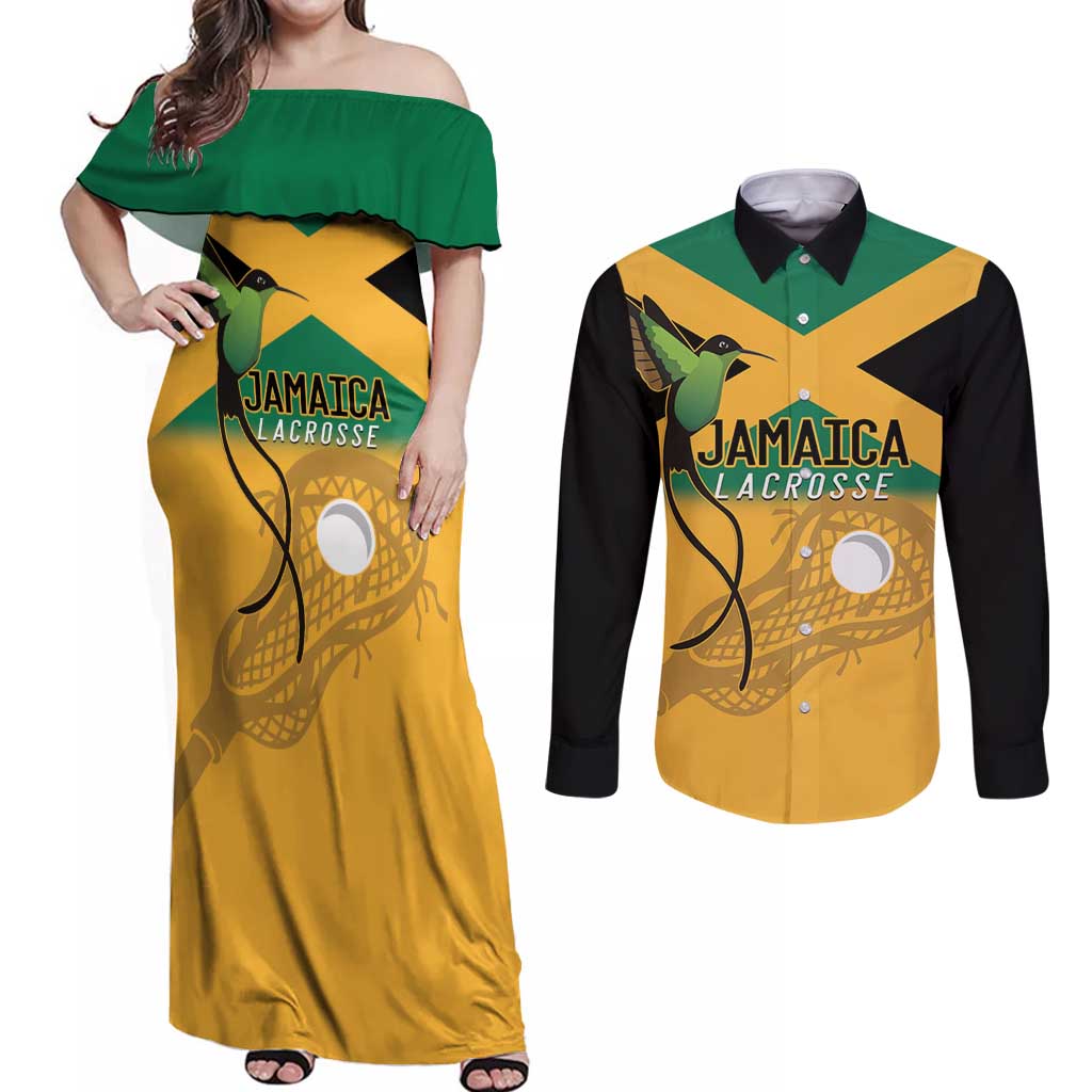 Custom Jamaica Lacrosse Couples Matching Off Shoulder Maxi Dress and Long Sleeve Button Shirt Streamertail Hummingbird With Flag - Wonder Print Shop